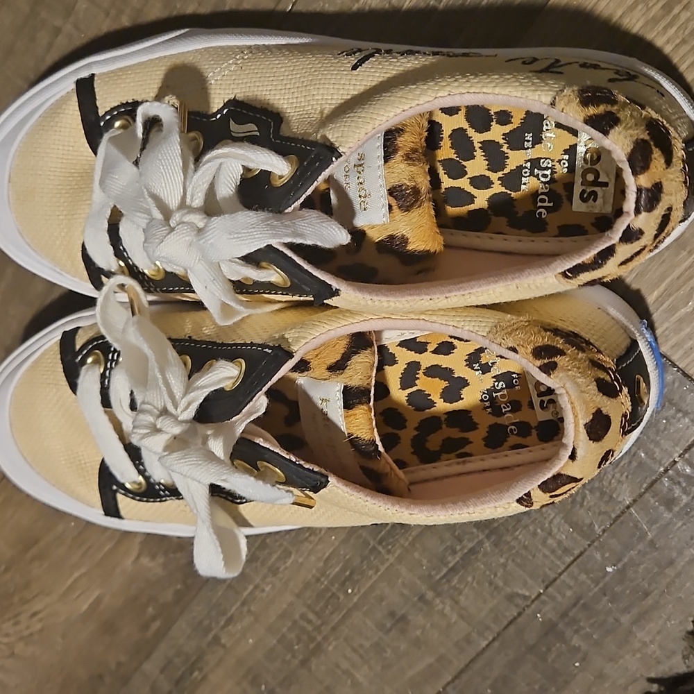 kate spade Cream Canvas Sneakers with Leopard Trim and Black Accents - Picture 5 of 10